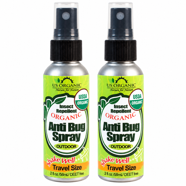 US Organic Anti Bug Spray Outdoor, two 2 fl oz travel-size bottles on white