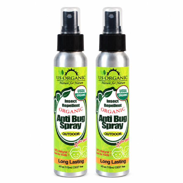 US Organic Anti Bug Spray Outdoor, two 4 fl oz bottles on white